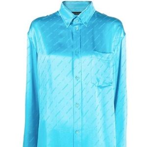 Women’s Balenciaga Blue Logo-Print Silk Shirt | Small